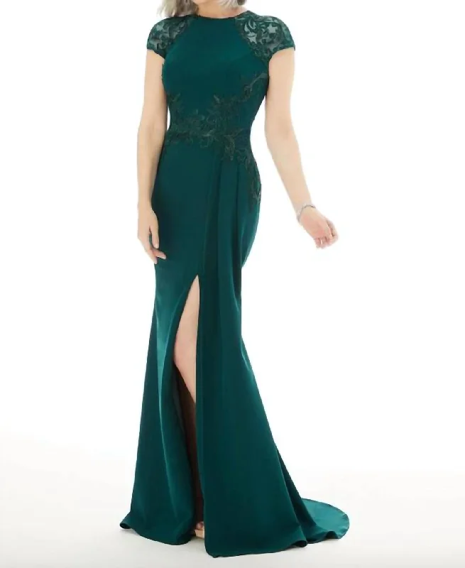 Value Deals Mgny - Fit And Flare Evening Gown With Beading On Crepe In Emerald