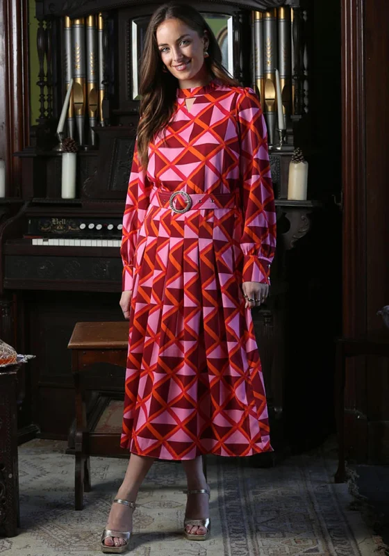 Early Access Rant and Rave Sophia Belted Waist A-line Midi Dress, Pink