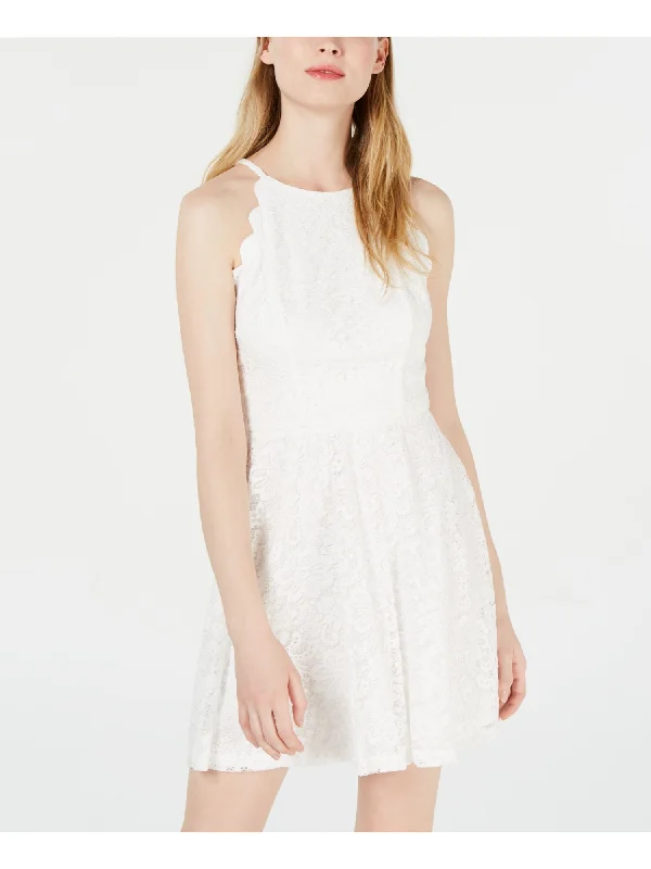 Early Access BCX Womens Ivory Lace Sleeveless Halter Short Party Fit + Flare Dress
