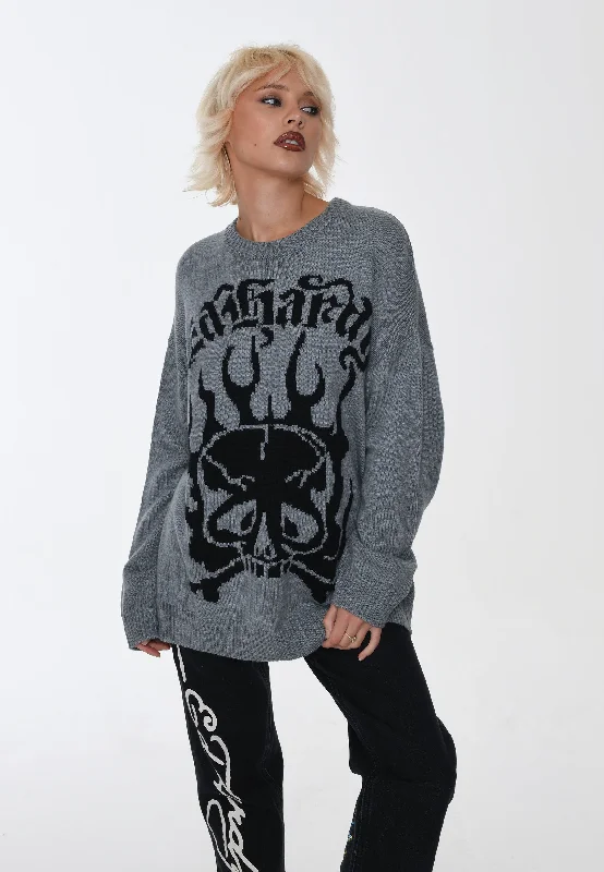 Blowout Sale Womens Skull In Flames Jaquard Knitted Jumper - Grey/Black