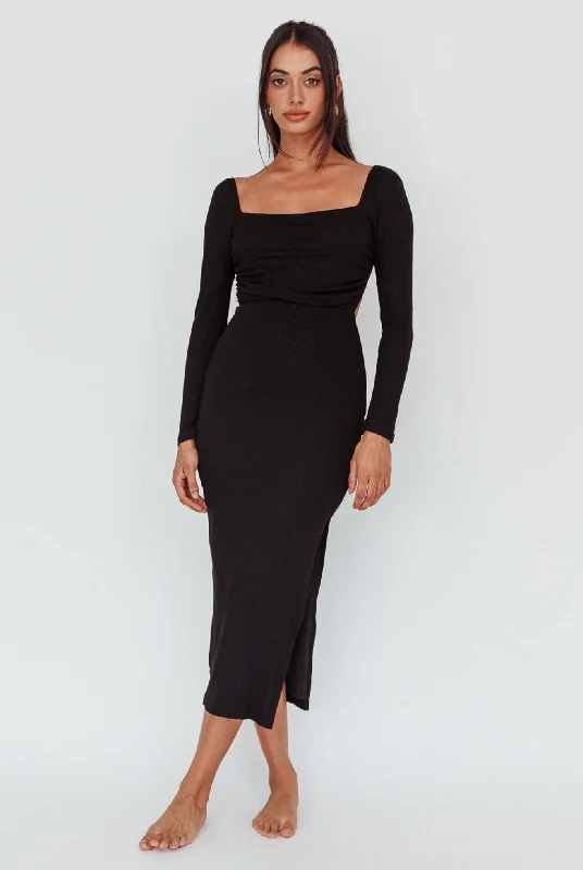 Super Bargain Dream Crush Long Sleeve Lace-Up Midi Dress Black
