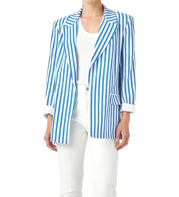 Flash Deals Striped Pocketed Blazer In Blue/white