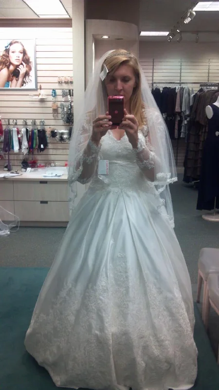 Big Savings David's Bridal Long Sleeve Satin and Lace Ball Gown