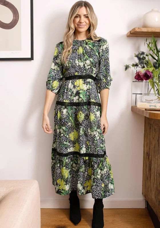 Deep Discounts Hope & Ivy Dora Floral Tiered Maxi Dress, Green and Black
