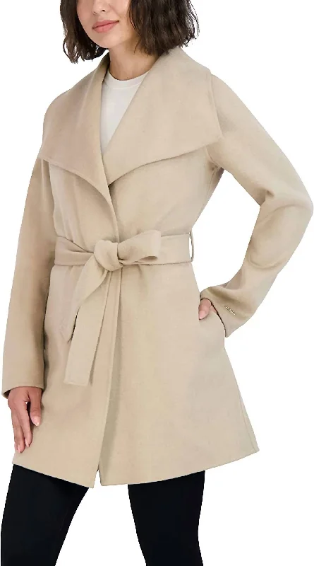 Deal Dash Womens Ella Jacket Wool Wrap Coat With Tie Belt In Light Beige Ivory