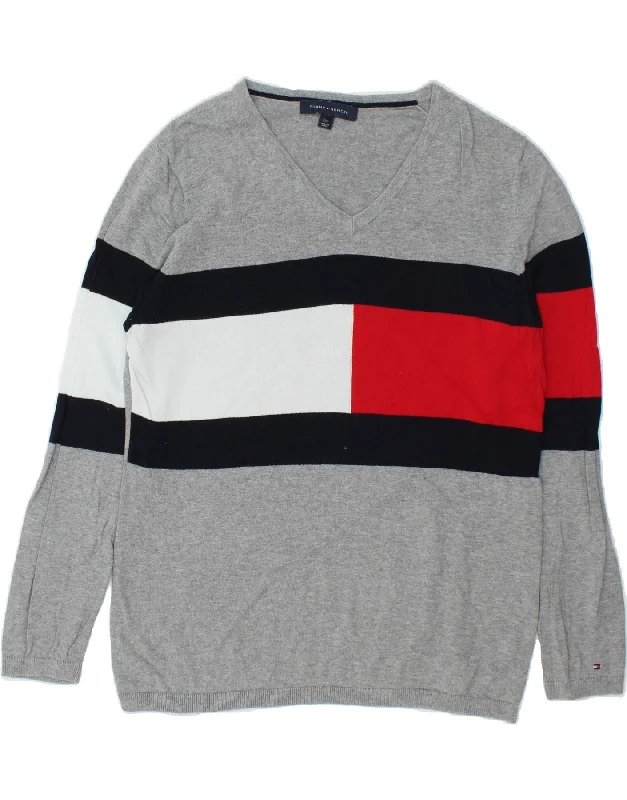 One-DAY Sale TOMMY HILFIGER Womens V-Neck Jumper Sweater UK 16 Large Grey Colourblock One-DAY Sale TOMMY HILFIGER Womens V-Neck Jumper Sweater UK 16 Large Grey Colourblock
