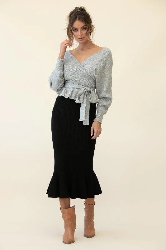 Today's Special Shalon Ribbed Knit Fluted Hem Midi Skirt Antique Black