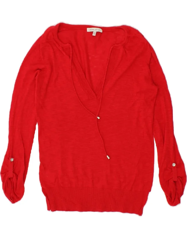 Price Cut LAURA ASHLEY Womens V-Neck Jumper Sweater UK 10 Small Red Cotton