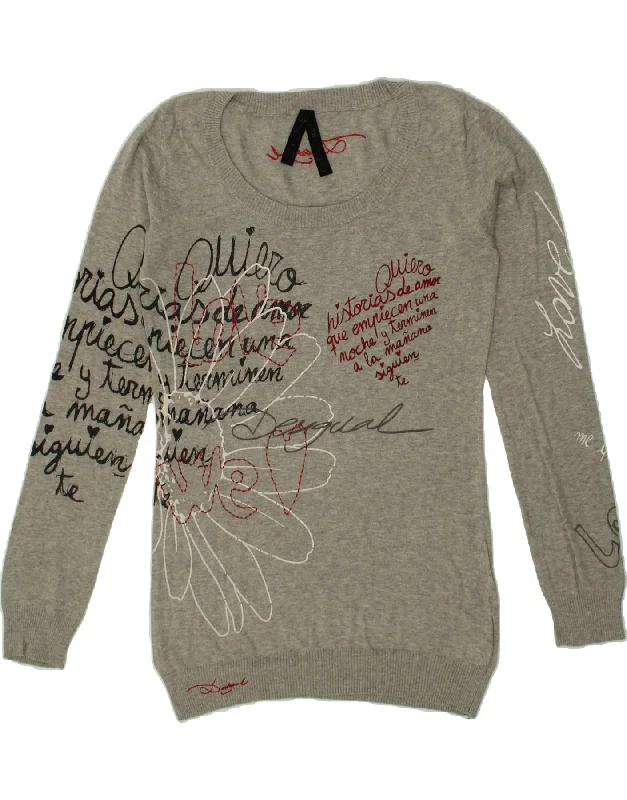 Extra Savings DESIGUAL Womens Graphic Boat Neck Jumper Sweater UK 18 XL Grey Cotton