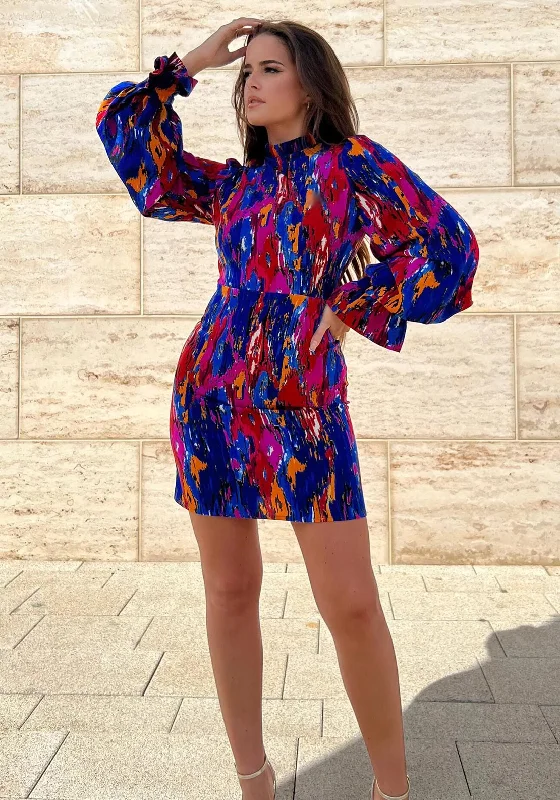 Crazy Savings Girl in Mind Hadley Puff Sleeve Mini Dress, Cobalt Multi