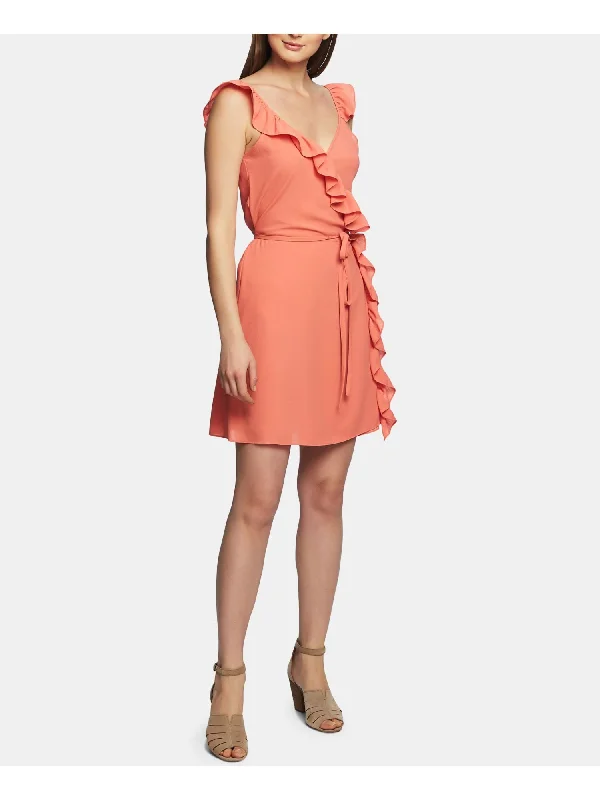 Exclusive Access 1. STATE Womens Coral Ruffled Sleeveless V Neck Above The Knee Party Wrap Dress Exclusive Access 1. STATE Womens Coral Ruffled Sleeveless V Neck Above The Knee Party Wrap Dress