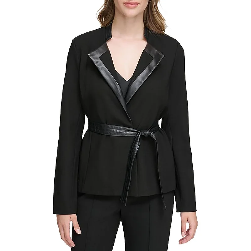 Hurry In Womens Knit Faux Leather Trim Open-Front Blazer