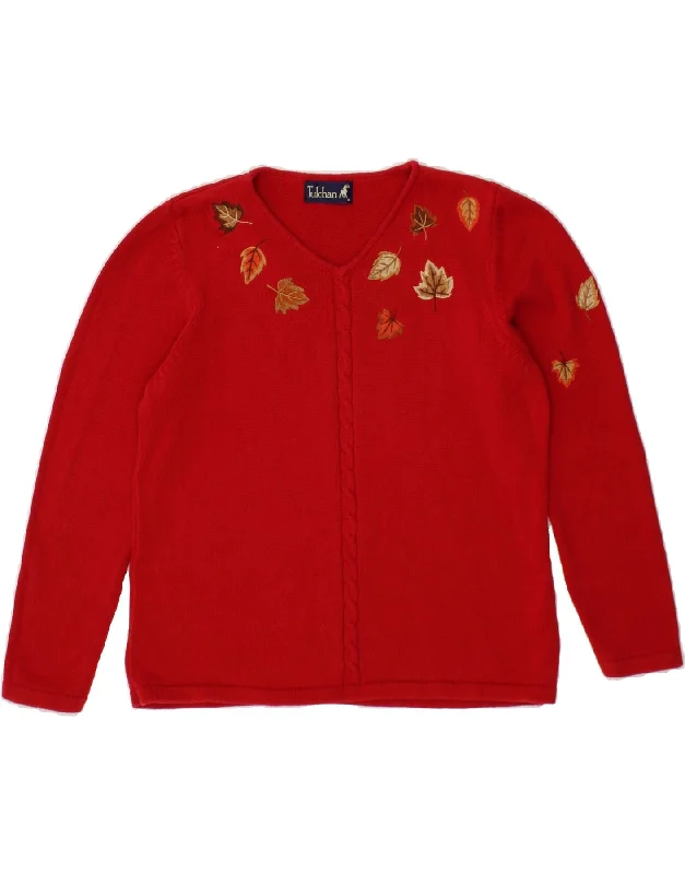 Stock Up and Save TULCHAN Womens V-Neck Jumper Sweater UK 18 XL Red Floral Cotton