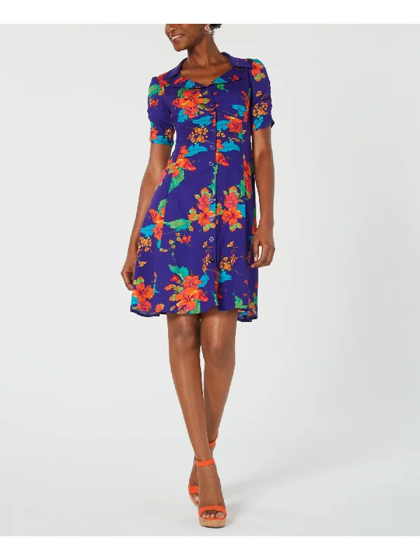 Discount Deals NANETTE LEPORE Womens Purple Floral Short Sleeve Collared Mini Shift Dress Discount Deals NANETTE LEPORE Womens Purple Floral Short Sleeve Collared Mini Shift Dress