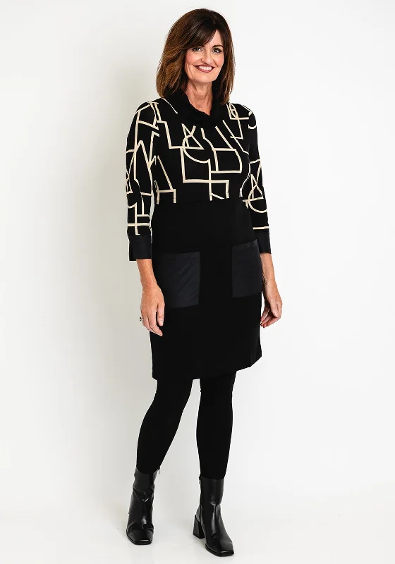 Super Deal Dolcezza Geometric Print Smock Dress, Black Gold