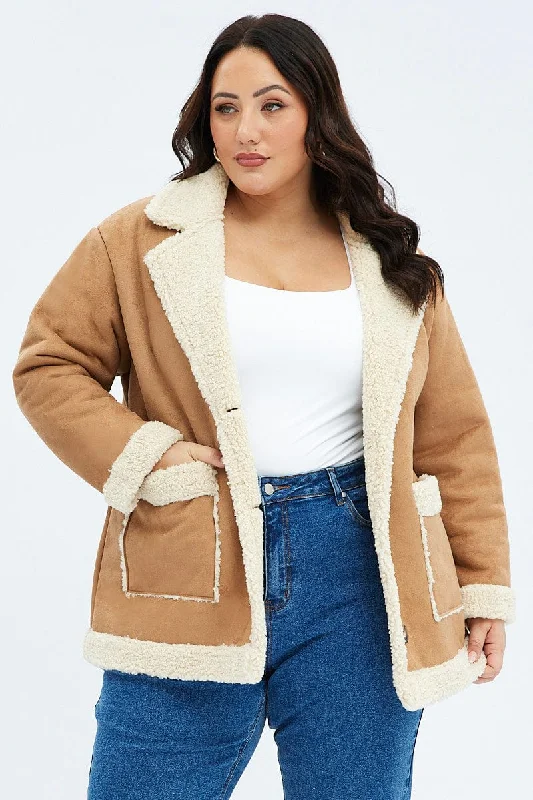 Savings Bonanza Camel Shearling Coat Faux Suede