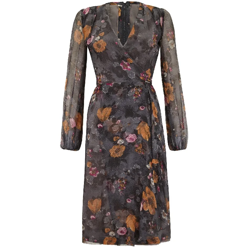 Online Only 1960s British Couture Grey Floral Silk Chiffon Vintage Dress