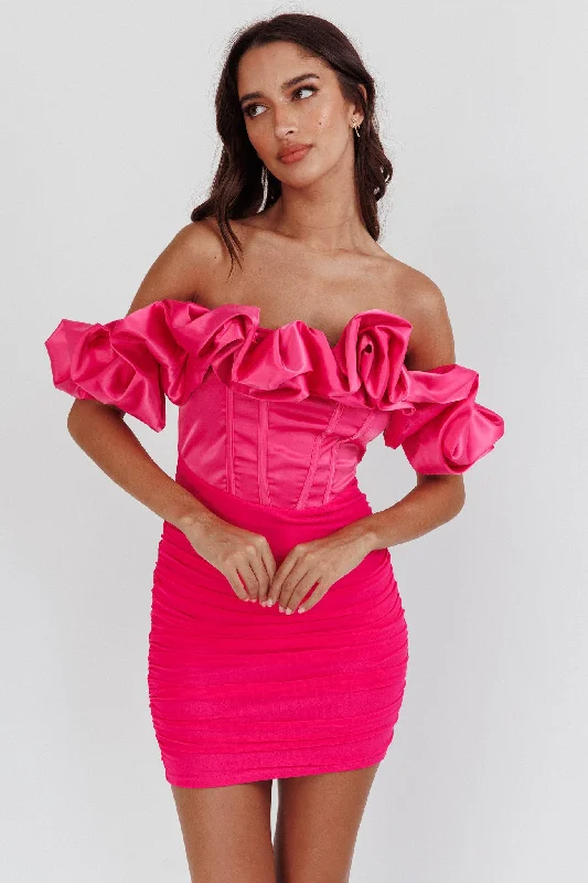 Price Cut Arista Off-Shoulder Ruched Mini Dress Hot Pink