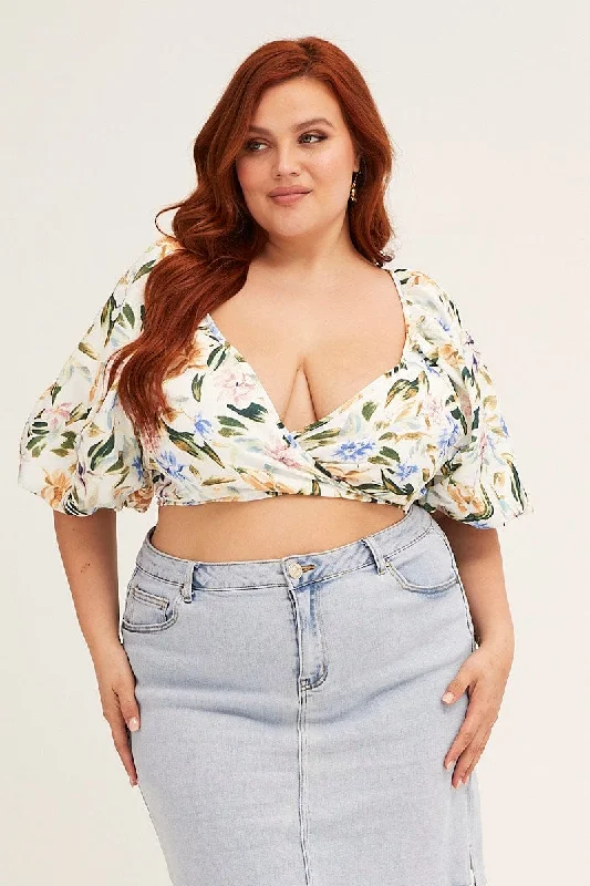 Price Rollback Floral Print Short Puff Sleeve Floral Wrap Jacket