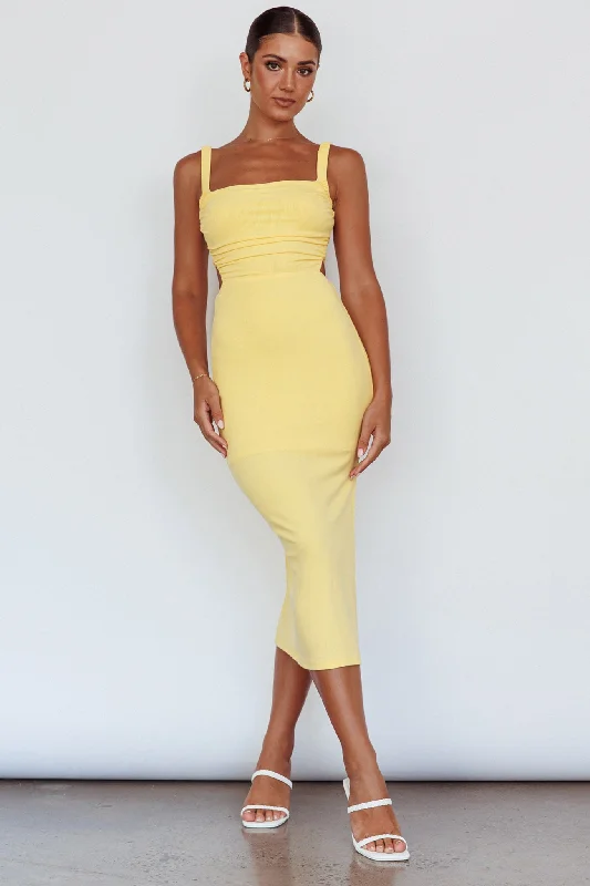 Savings Alert Dream Crush Lace-Up Back Side Split Midi Dress Lemon