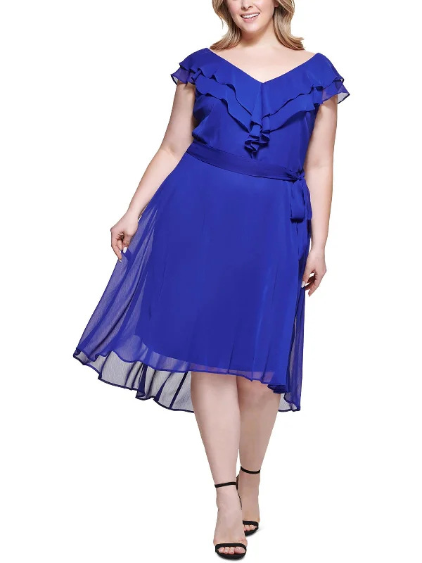 Lowest Price Plus Womens Chiffon Ruffled Midi Dress