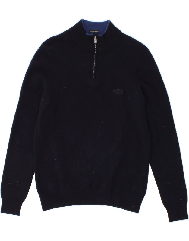 Lowest Price HUGO BOSS Womens Zip Neck Jumper Sweater UK 12 Medium Navy Blue Wool