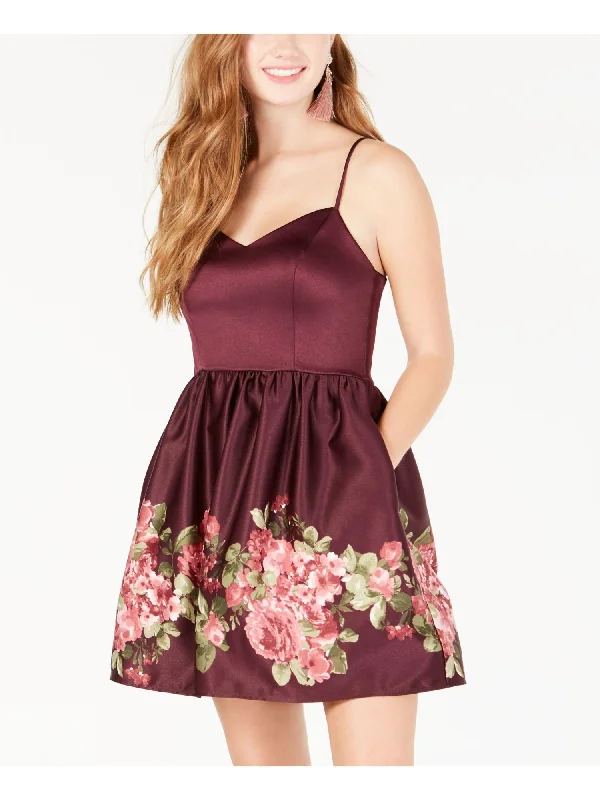 Fantastic Offers TEEZE ME Womens Burgundy Floral Spaghetti Strap Sweetheart Neckline Mini Party Fit + Flare Dress Fantastic Offers TEEZE ME Womens Burgundy Floral Spaghetti Strap Sweetheart Neckline Mini Party Fit + Flare Dress