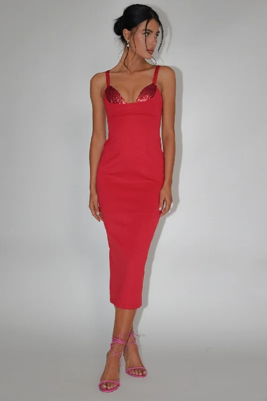 Best Seller La Bellevilloise Sequin Bust Midi Dress Red