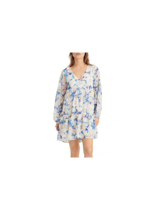 Exclusive Preview SANCTUARY Womens Sheer Floral Long Sleeve V Neck Above The Knee Party Baby Doll Dress