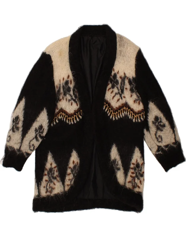 Limited Edition VINTAGE Womens Longline Open Cardigan Sweater UK 16 Large Black Floral