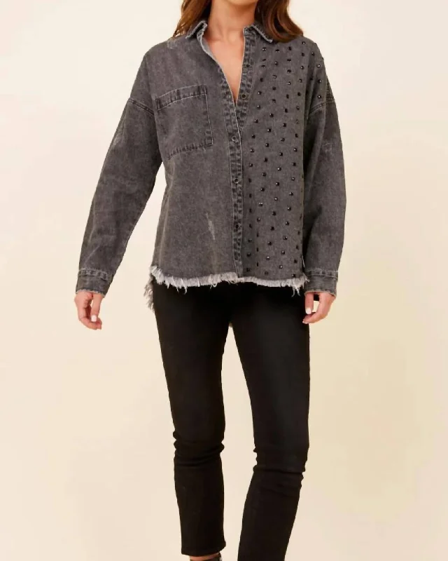 Deal Zone Washed Rhinestone Shacket In Black