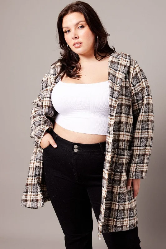 Deal Frenzy Brown Check Plaid Shacket Jacket With Hood