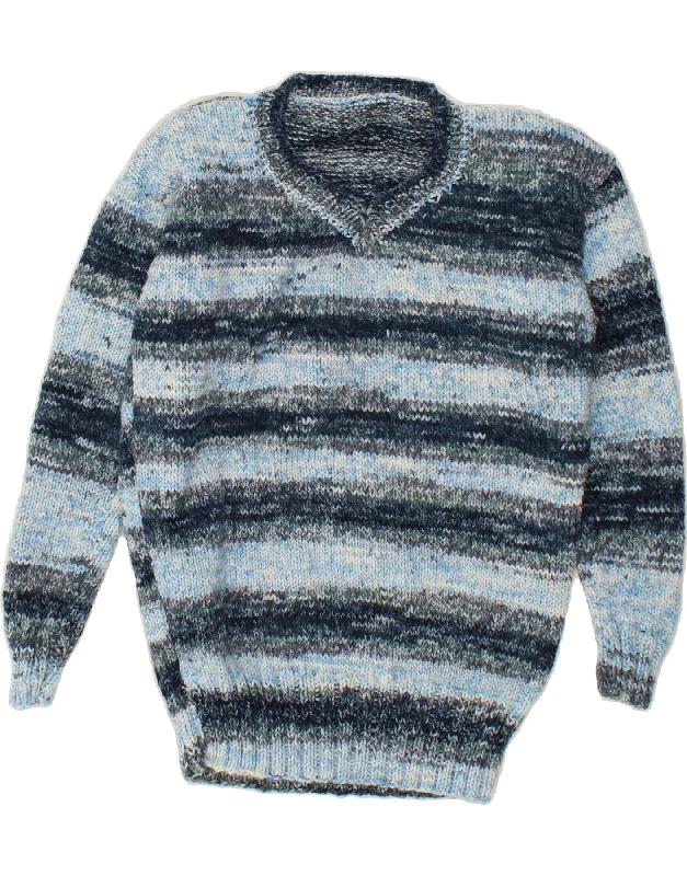 Hurry In VINTAGE Womens V-Neck Jumper Sweater UK 14 Large Navy Blue Striped