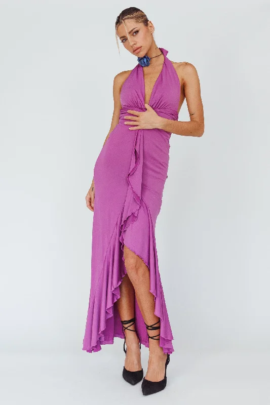 Price Rollback Zaphirah Halterneck Ruffle Dress Magenta