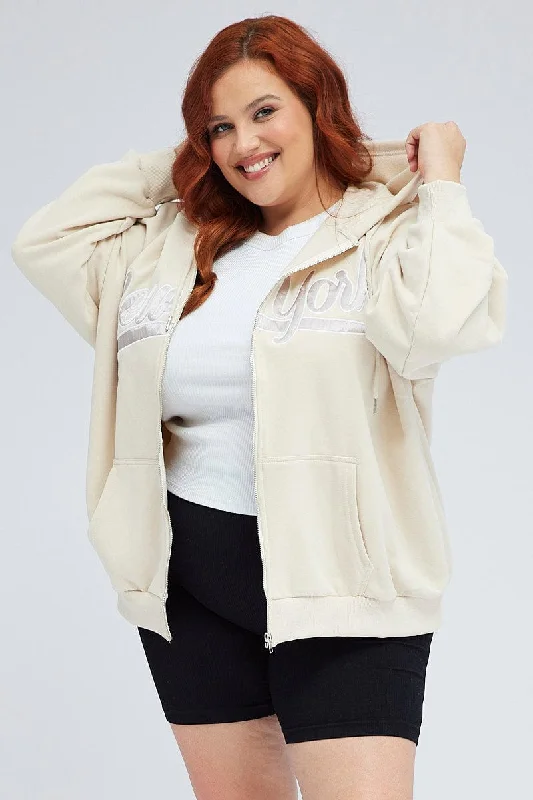 Price Cut Beige Zip Up Hoodie Jacket New York Motif