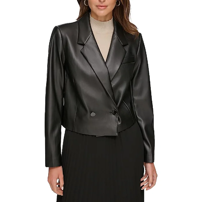 Exclusive Savings Womens Faux Leather Crop One-Button Blazer