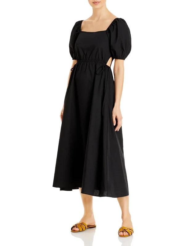 Deal Dash Womens Cut Out Puff Sleeves Midi Dress