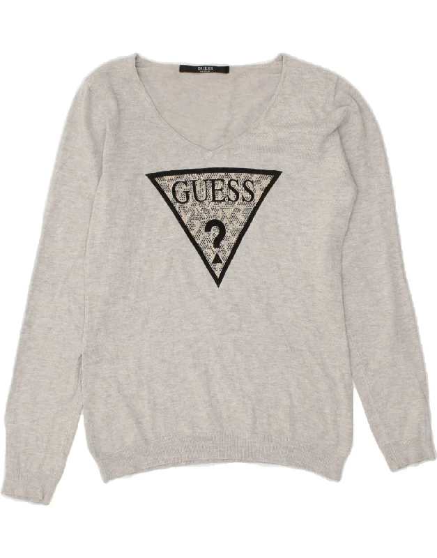 Deep Discounts GUESS Womens Graphic V-Neck Jumper Sweater UK 12 Medium Grey