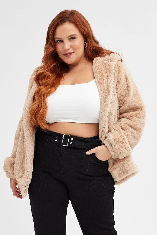 Fantastic Offers Camel Faux Fur Hoodie Jacket Zip Front