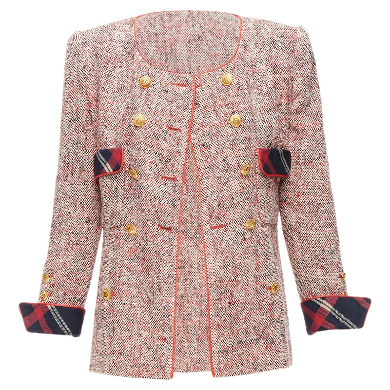 TIME-Limited Offer Chanel Red Boucle Tweed Gold Button Double Breast Blazer Jacket