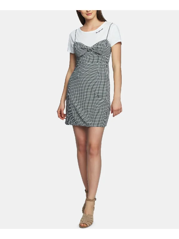 Savings Galore 1. STATE Womens Black Check Spaghetti Strap V Neck Above The Knee Fit + Flare Dress Savings Galore 1. STATE Womens Black Check Spaghetti Strap V Neck Above The Knee Fit + Flare Dress