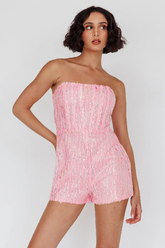 Price Slash Wild Dreams Strapless Sequin Romper Pink
