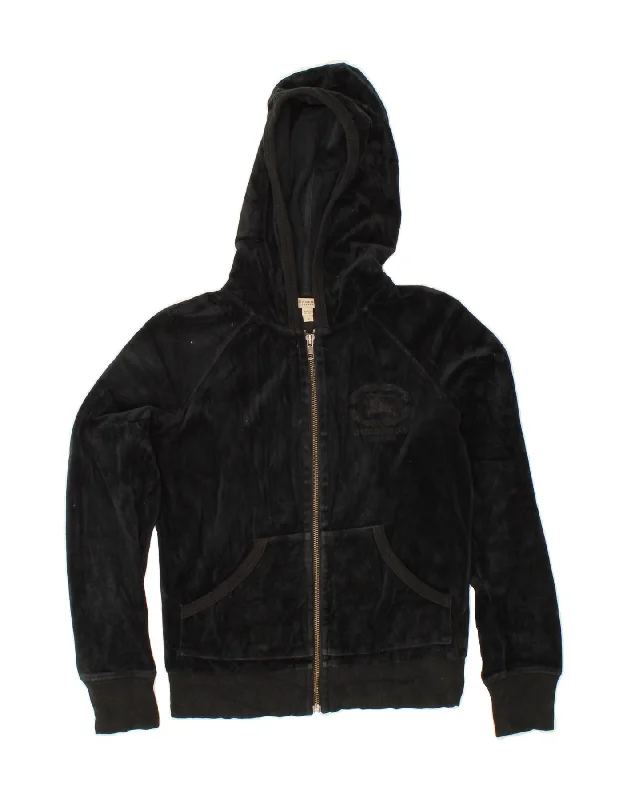 Doorbuster Deal BURBERRY Womens Velvet Zip Hoodie Sweater UK 10 Small Black Cotton