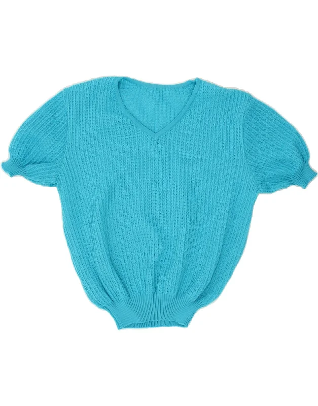 Don't Wait VINTAGE Womens Crop Short Sleeve V-Neck Jumper Sweater UK 14 Medium Blue