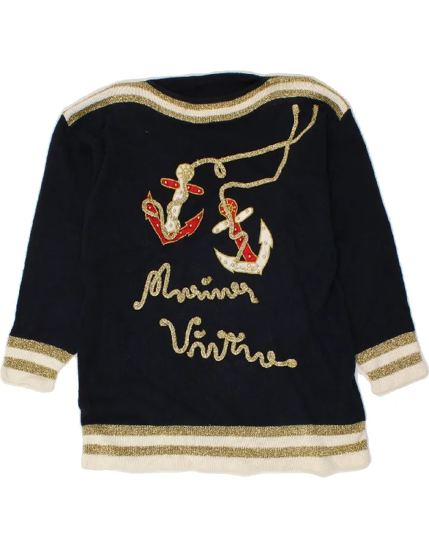 Price Drop Alert VINTAGE Womens Graphic Boat Neck Jumper Sweater UK 14 Medium Navy Blue Price Drop Alert VINTAGE Womens Graphic Boat Neck Jumper Sweater UK 14 Medium Navy Blue