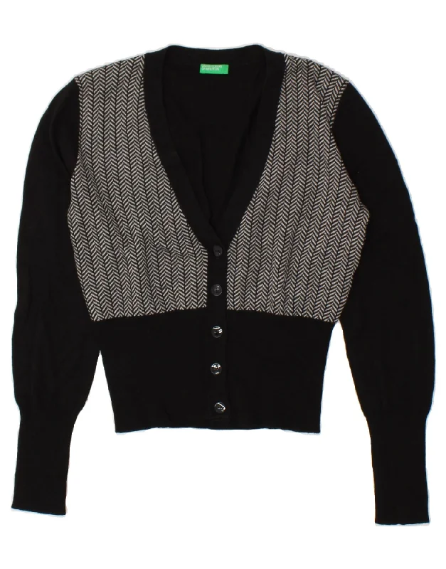 Huge Discounts BENETTON Womens Crop Cardigan Sweater UK 12 Medium Black Herringbone Wool Huge Discounts BENETTON Womens Crop Cardigan Sweater UK 12 Medium Black Herringbone Wool