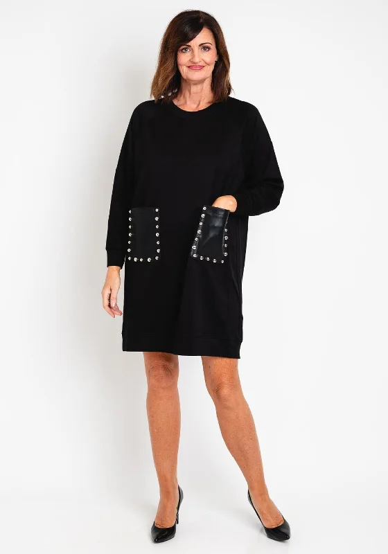 Factory Direct Sale Natalia Collection One Size Faux Leather Pocket Jumper Dress, Black