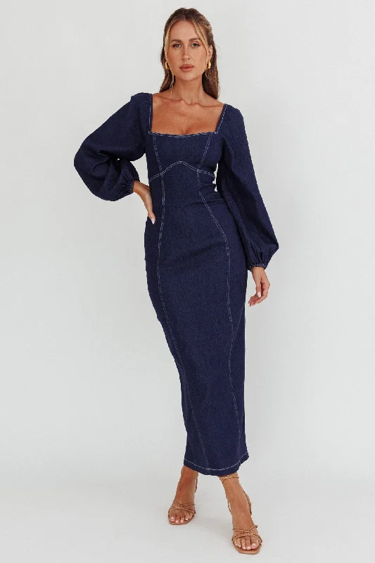 Bargain Prices Bay Side Long Sleeve Denim Midi Dress Indigo