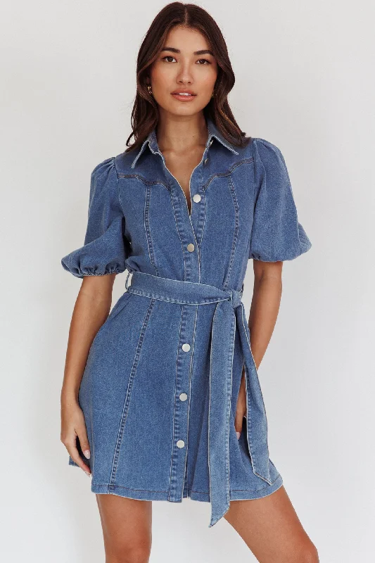 Deep Discounts Myleigh Puff Sleeve Waist Tie Mini Dress Denim Blue