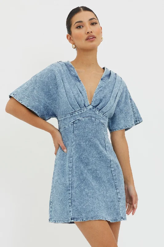 Act Fast Jessika Pleated Bust Mini Dress Denim Blue